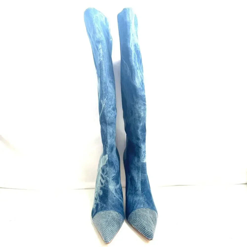 Fashion Nova Rhinestone Denim Knee High Boots Size 10 - Picture 4 of 9